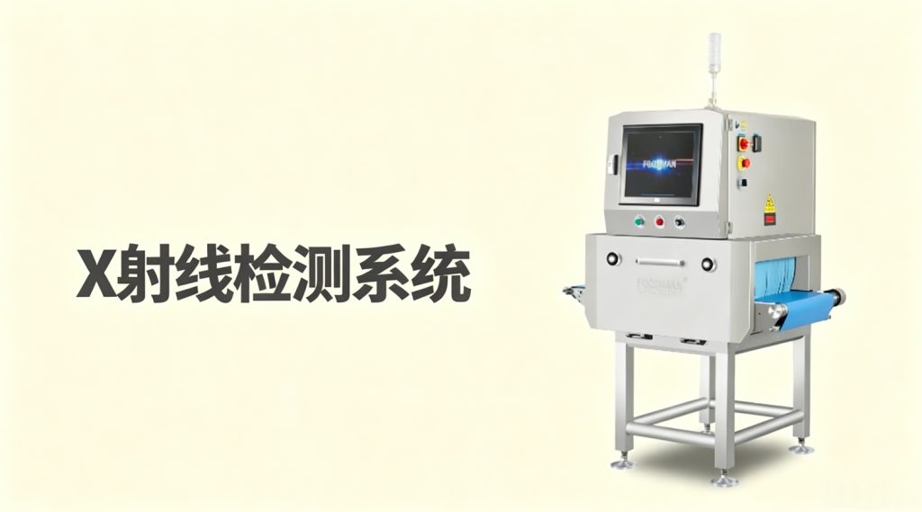 foodman高精度X射线异物检测机在食品生产线上的安装实景，搭载智能图像识别系统，用于检测金属、玻璃、石头等高密度异物。