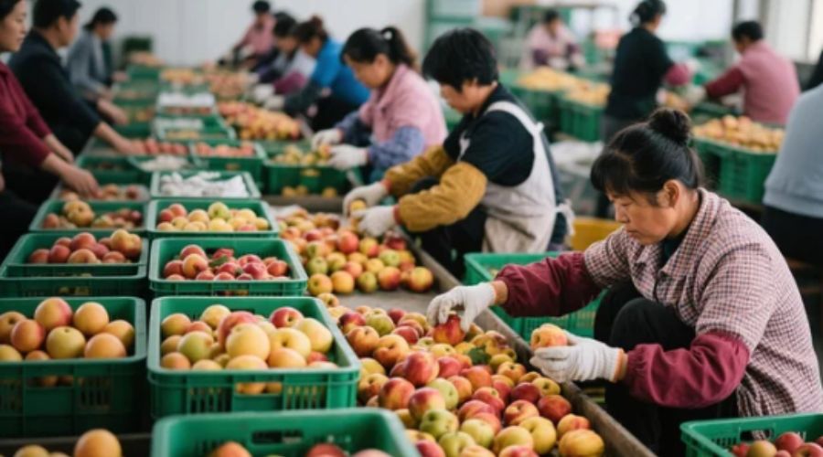 工人手工分拣果蔬，效率低且易受主观因素影响